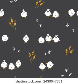 Cute chicken Seamless Pattern, Cartoon Doodle chickens Background vector Illustration.