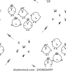 Cute chicken Seamless Pattern, Cartoon Doodle chickens Background vector Illustration.