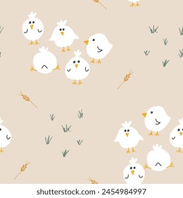 Cute chicken Seamless Pattern, Cartoon Doodle chickens Background vector Illustration.
