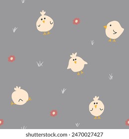 Cute chicken Seamless Pattern, Cartoon Doodle chickens Background vector Illustration.
