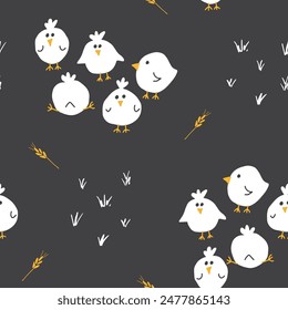 Cute chicken Seamless Pattern, Cartoon Doodle chickens Background vector Illustration.