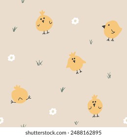 Cute chicken Seamless Pattern, Cartoon Doodle chickens Background vector Illustration.