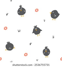Cute chicken Seamless Pattern, Cartoon Doodle chickens Background vector Illustration.