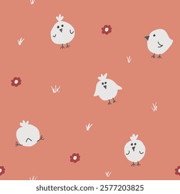 Cute chicken Seamless Pattern, Cartoon Doodle chickens Background vector Illustration.