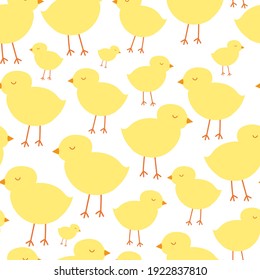 Cute chicken seamless pattern. Easter yellow chickens on white background. Cartoon pattern in yellow colors. Wrapping paper, Easter decor, invitations. textile.