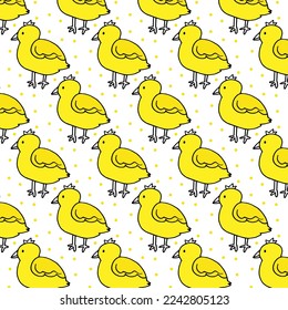 Cute chicken seamless pattern. Easter yellow baby chickens on white background. Cartoon pattern in yellow colors. Wrapping paper, Easter decor, invitations. textile, greeting cards.
