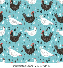 Cute chicken seamless pattern with hand-drawn black and white hens, roosters, and small grain elements on a bright turquoise blue background. Whimsical farm animal vector illustration for kitchen textile, kids fabric, nursery decor, and wrapping paper.
