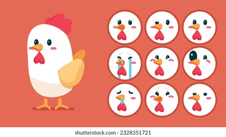 Cute chicken, set of animal emotions, tiny chicken with emoji collocation, sleeping, crying, sad, Bored, happy, excited, lovable, surprised, careless, confident, terrifled, stunned, Flat Vector avatar