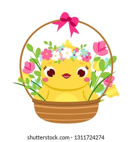 Cute chicken sit in flower basket. Cartoon funny chick with bunny ears. Isolated character for spring seasonal design