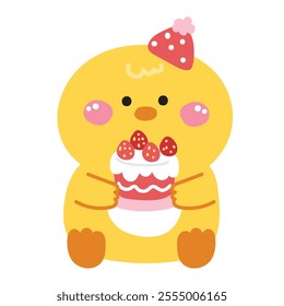 Cute chicken sit and hold strawberry cake.Bakery.Sweet and dessert.Birthday party.Farm animal character cartoon design.Image for card,sticker,baby clothing.Kawaii.Vector.Illustration. 