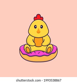 Cute chicken is sitting on donuts. Animal cartoon concept isolated. Can used for t-shirt, greeting card, invitation card or mascot.