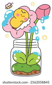 Cute chicken sleep on big flower grow in glass jar.Butterfly.Water.Soil.Nature floral.Farm bird animal character cartoon design.Kawaii.Vector.Illustration.