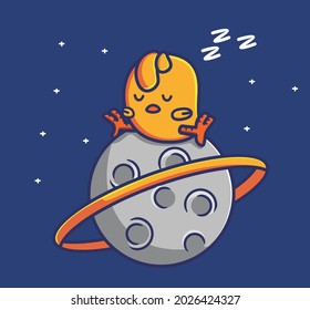 cute chicken sleep on the planet saturn with beautiful ring.Animal cartoon Isolated Flat Style Sticker Web Design Icon illustration Premium Vector Logo mascot character