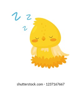 Cute chicken sleeping in the nest, funny bird cartoon character vector Illustration on a white background