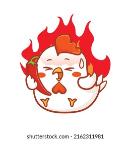 Cute Chicken With Spiciness Face Eating A High Level Of Spicy Food And Burning Fire Illustration