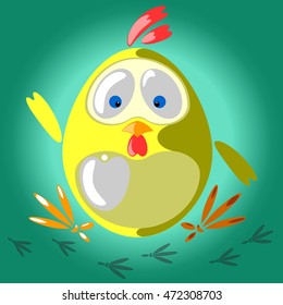 Cute chicken with steps on green background. Symbol of New Year 2016