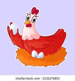 Cute chicken. Sticker with chicken and eggs. Vector illustration with simple gradients.	
