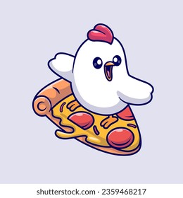 Cute Chicken Surfing With Pizza Cartoon Vector Icon Illustration. Animal Sport Icon Concept Isolated Premium Vector. Flat Cartoon Style