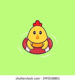 Cute chicken is Swimming with a buoy. Animal cartoon concept isolated. Can used for t-shirt, greeting card, invitation card or mascot.