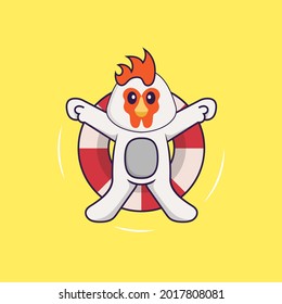 Cute chicken is Swimming with a buoy. Animal cartoon concept isolated. Can used for t-shirt, greeting card, invitation card or mascot.