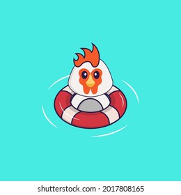Cute chicken is Swimming with a buoy. Animal cartoon concept isolated. Can used for t-shirt, greeting card, invitation card or mascot.