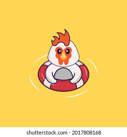 Cute chicken is Swimming with a buoy. Animal cartoon concept isolated. Can used for t-shirt, greeting card, invitation card or mascot.