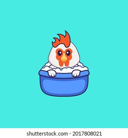 Cute chicken taking a bath in the bathtub. Animal cartoon concept isolated. Can used for t-shirt, greeting card, invitation card or mascot.