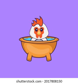 Cute chicken taking a bath in the bathtub. Animal cartoon concept isolated. Can used for t-shirt, greeting card, invitation card or mascot.