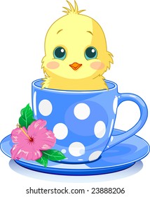 Pollo lindo en una taza de té. Ilustración del vector