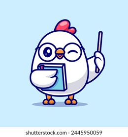 Cute Chicken Teacher With Book And Pointer Cartoon Vector Icon Illustration. Animal Education Icon Concept Isolated Premium Vector. Flat Cartoon Style