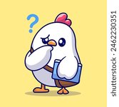 Cute Chicken Thinking With Book Cartoon Vector Icon Illustration. Animal Education Icon Concept Isolated Premium Vector. Flat Cartoon Style