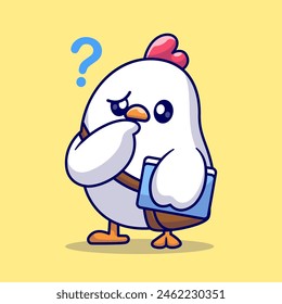 Cute Chicken Thinking With Book Cartoon Vector Icon Illustration. Animal Education Icon Concept Isolated Premium Vector. Flat Cartoon Style