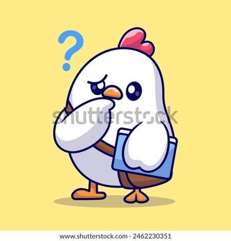 Cute Chicken Thinking With Book Cartoon Vector Icon Illustration. Animal Education Icon Concept Isolated Premium Vector. Flat Cartoon Style