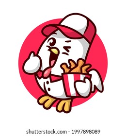 CUTE CHICKEN MIT UNIFORM BRINGT EINEN BUCKET VON FRIEDENEN CHICKEN. HOCHWERTIGES CARTOON-MASKO-DESIGN.