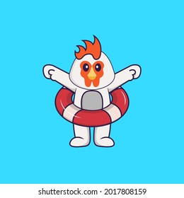Cute chicken using a float. Animal cartoon concept isolated. Can used for t-shirt, greeting card, invitation card or mascot.