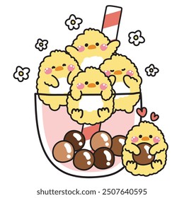 Cute chicken various poses in big bubble milk strawberry cup with flower on white background.Sweet.Tea.Farm animal character cartoon design.Kawaii.Vector.Illustration.