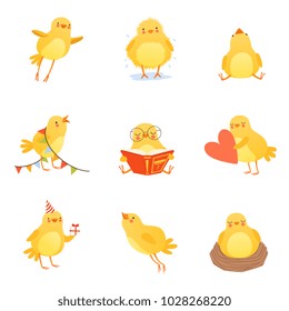 Cute chicken in various situations. Trying to flight up, reading, sleeping in nest, shaking off water, going to birthday party, holding heart, sitting and looking up. Flat vector