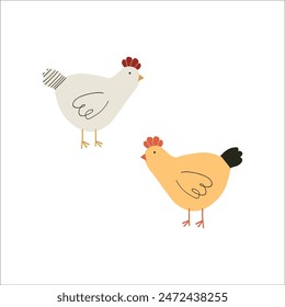 Cute chicken vector clipart. Two Hand drawn chick Ilustration. For thematic designs, stickers, patterns. Hen llustration isolated on white background