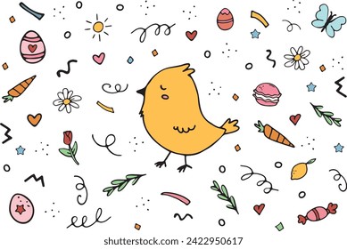 Cute Chicken. Vector doodle set with carrot, eggshell, candy, colored eggs