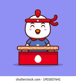 Cute Chicken are Waiting for Customers Cartoon Icon Illustration