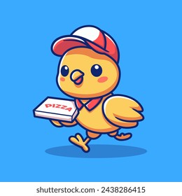 Cute Chicken Walk Delivery Pizza Cartoon Vector Icon Illustration