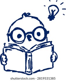 Cute chicken wearing glasses reading a book. Hand drawn doodle illustration for education, learning, studying, knowledge and reading concepts.