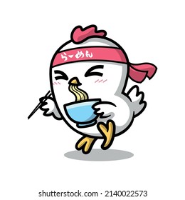 A CUTE CHICKEN IS WEARING HEADBAND AND EATING A BOWL OF RAMEN CARTOON MASCOT.