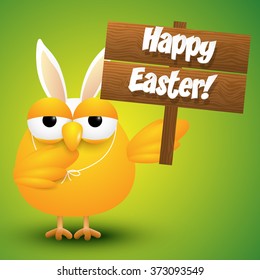 Cute chicken whit a bunny ears costume holding a wooden sign, Easter card, vector illustration.