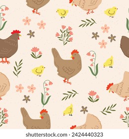 cute chicken in wild flowers garden seamless repeat pattern hand drawn vector illustration for invitation greeting birthday party celebration wedding card poster banner textiles wallpaper background