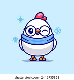 Cute Chicken Winter Cartoon Vector Icon Illustration. Animal Fashion Icon Concept Isolated Premium Vector. Flat Cartoon Style