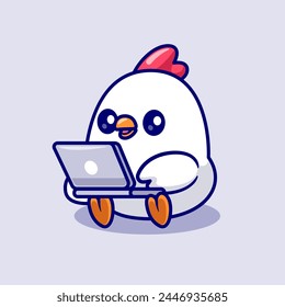 Cute Chicken Working On Laptop Cartoon Vector Icon Illustration. Animal Technology Icon Concept Isolated Premium Vector. Flat Cartoon Style