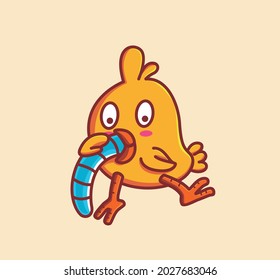 cute chicken yellow bird eating a worm caterpillar. Animal cartoon Isolated Flat Style Sticker Web Design Icon illustration Premium Vector Logo mascot character