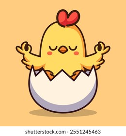 cute chicken yoga pose meditation on an egg cartoon character flat color vector illustration template design