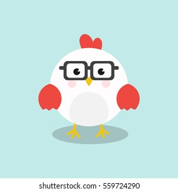 A Cute chicken/Rooster Geek, nerd character with funny nerd glasses isolated on sky blue background.